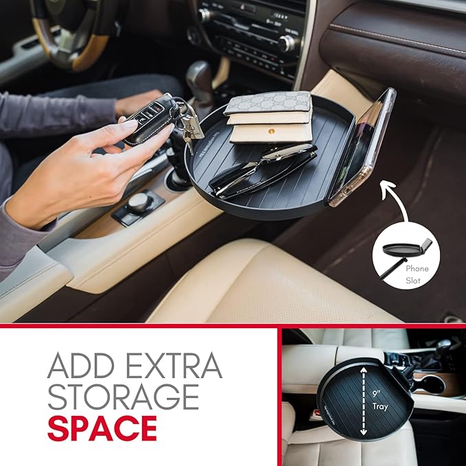 Car Cup Holder Food Tray – 3-in-1 Swivel Drink, Snack & Phone Organizer