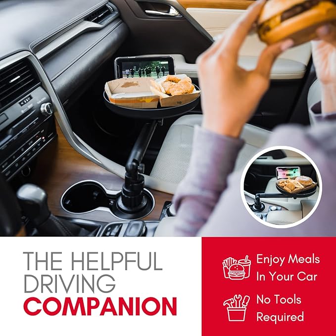 Car Cup Holder Food Tray – 3-in-1 Swivel Drink, Snack & Phone Organizer